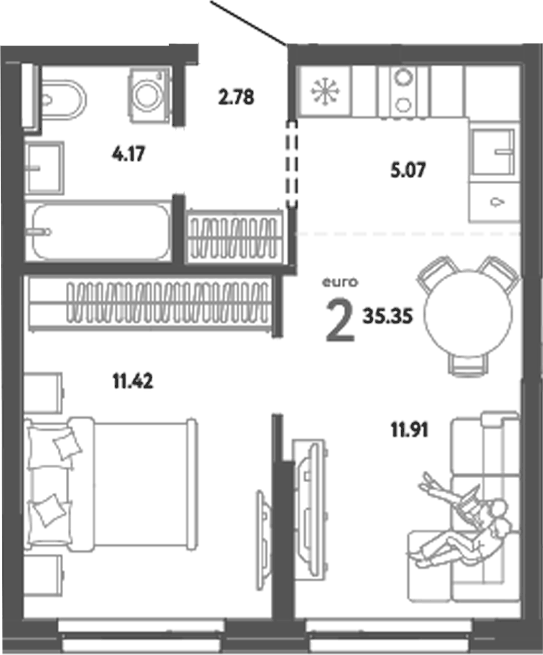 Планировка 2Е-к.кв, 35,35 м² в ЖК Уральский сад